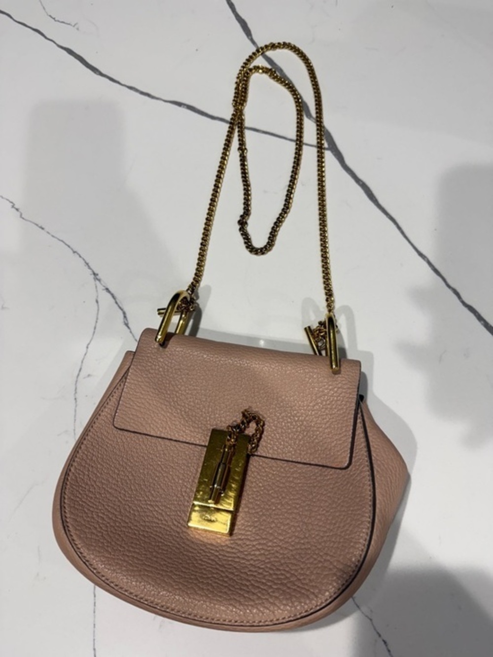 Chloe Rose Pink Leather Crossbody Bag with Gold Chain